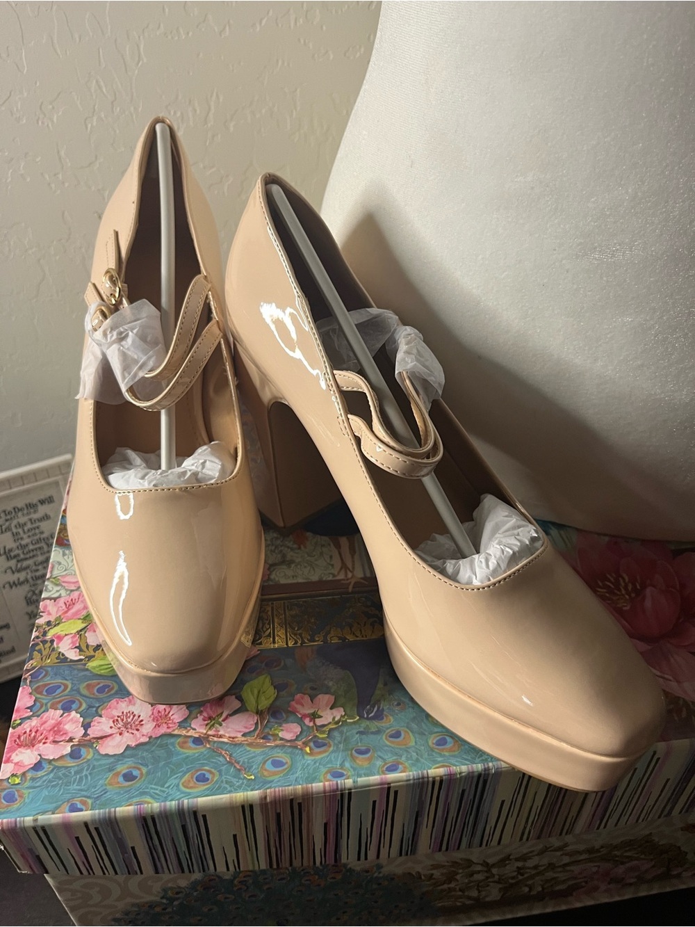 Nude Patent Mary Jane Block Heels with Buckle Strap